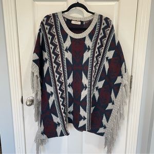 Elodie Women’s Large Southwest Aztec Print Poncho Sweater Fringe Trim